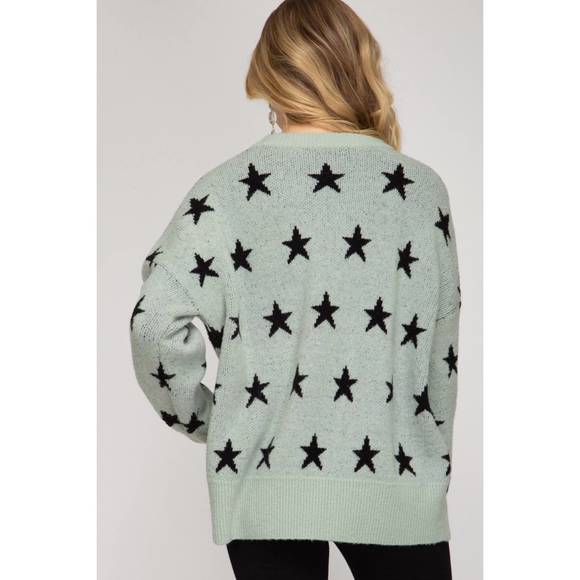 NEW SHE + SKY star print slate tunic sweater in green - Picture 2 of 2